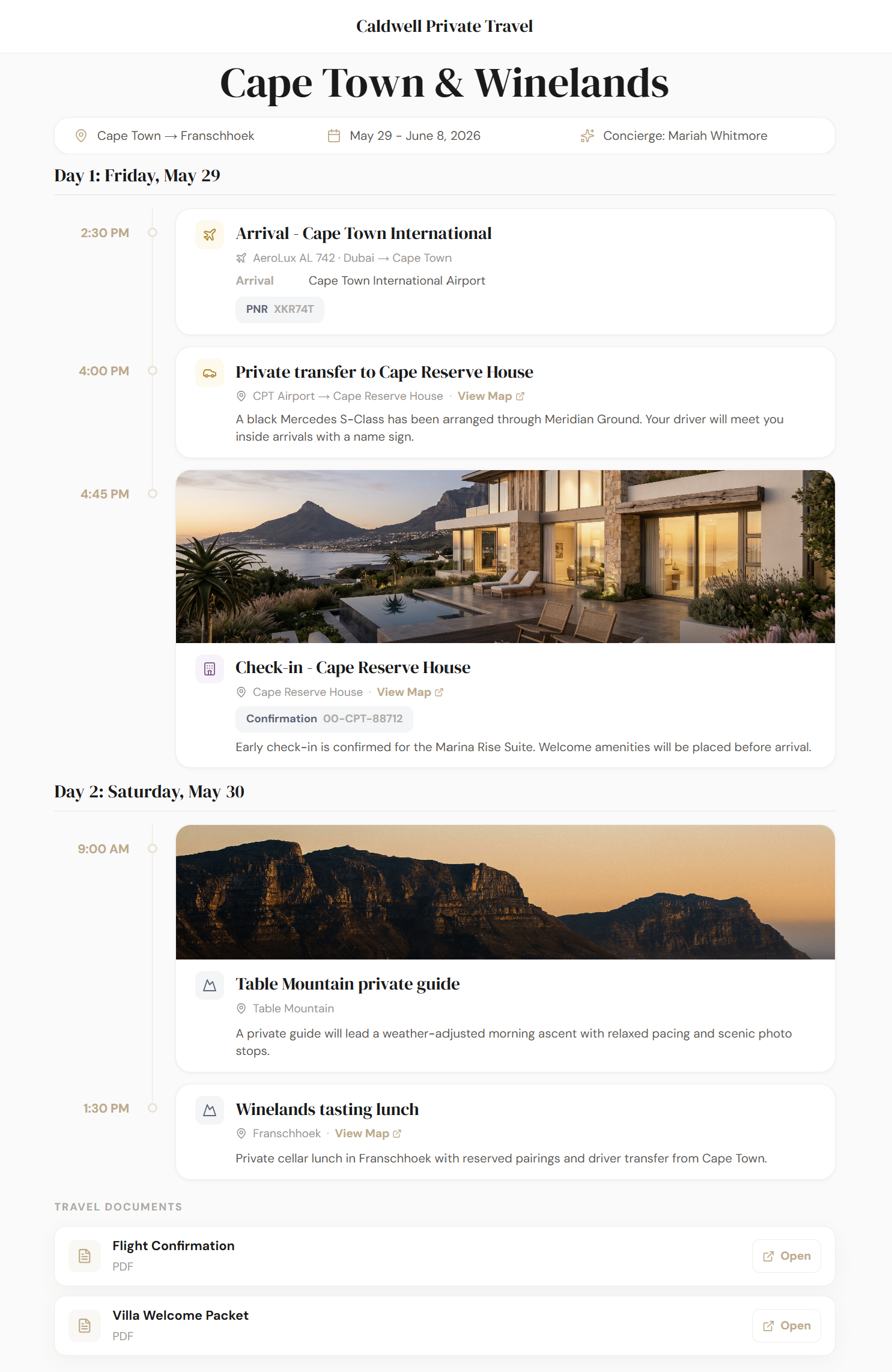 Evara Private client itinerary showing journey details, daily timeline, travel documents, and branded client access